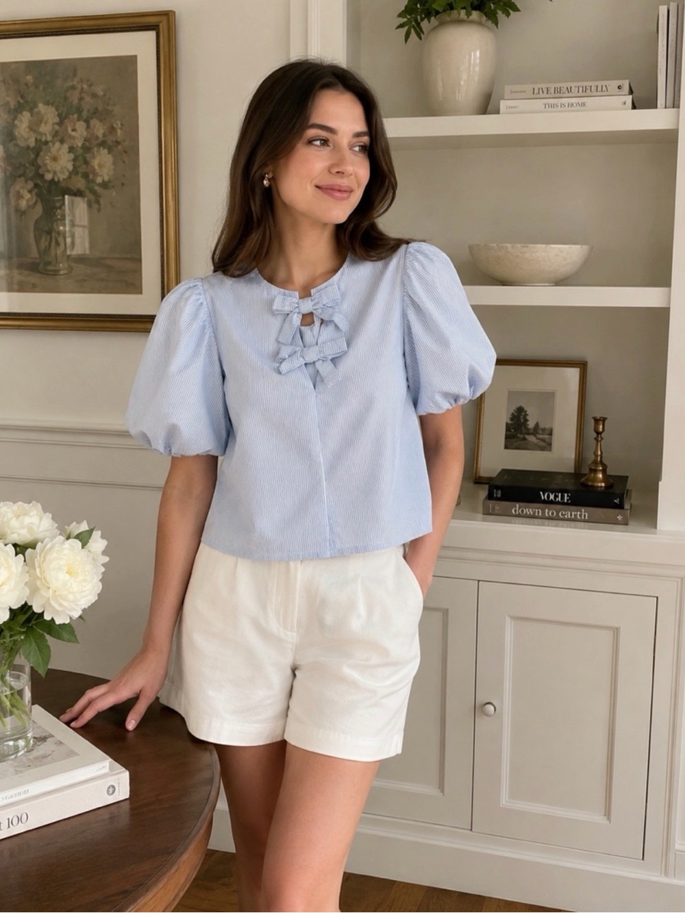 KATE SPADE X Target Striped Puff Sleeve Bow Blouse Top Shirt Blue S Nautical